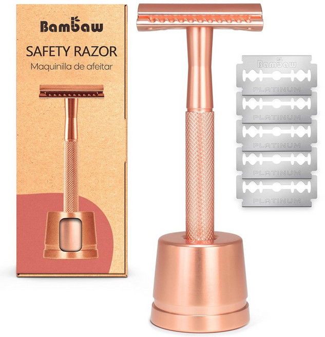 남성용 밤보 안전 면도기 더블 엣지 지속 가능한 블레이드 - 금속 면도기 폐기물 블랙 싱글 제로, Rose Gold Razor with Stand