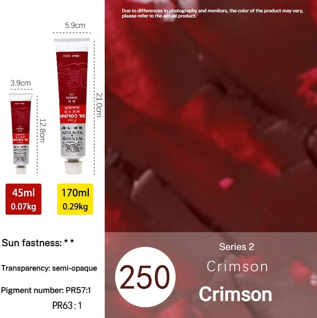 Winsor&Newton 45ML/170ML 초보자를 위한 유화 안료 아크릴 페인트 학생 미술 그림 그리기 내광성 섬세한, 01 45ml, 14 Crimson