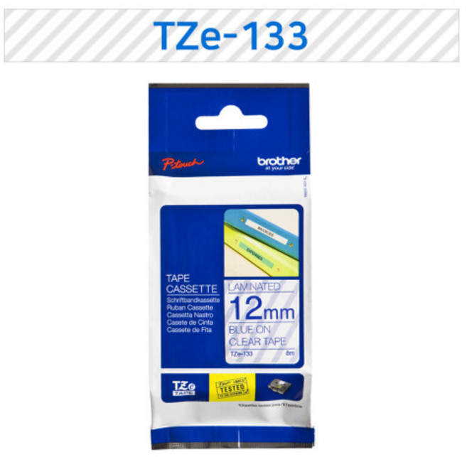 부라더 정품 라벨 테이프 12MM 크기 브라더 라벨기 라벨프린터 사용, TZe-133(투명/파랑글씨), 1개