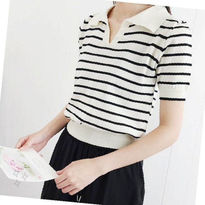 여성 카라 넥 스트라이프 패턴 반소매 니트 상의 화이트 블랙 줄무늬 여름 시원한