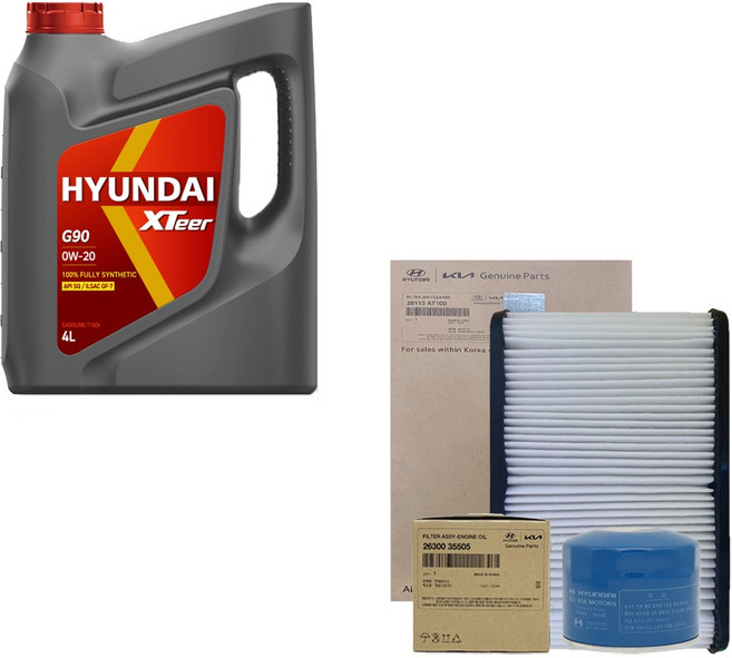 디올뉴니로 SG2 하이브리드 현대오일뱅크 엑스티어 G90 0W20 4L 엔진오일 순정 필터 세트 35505-AT100, 1개