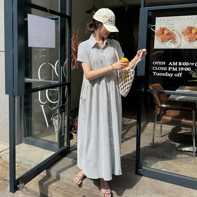 데일리앤 어반 루즈핏 캡소매 스트라이프 지지미 반팔 롱 셔츠 원피스 여름 휴양지 빅사이즈