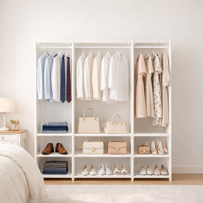 보리보 드레스룸 스탠드 행거 멀티 수납 철제 옷정리 행거, 화이트