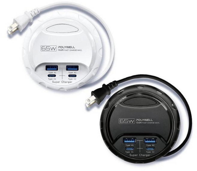 POLYWELL 65W GaN氮化鎵收納式電源線快充頭 雙USB-A雙Type-C 黑色 BSMI認證, 黑色 (35W), 1個
