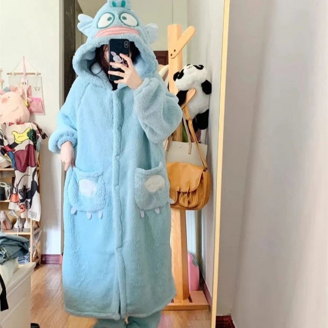 睡衣 兩件式睡衣冬季 睡袍 居傢服 保暖睡衣史迪仔珊瑚絨情侶睡衣冬季卡通睡袍可愛男女加絨加厚家居服可外穿