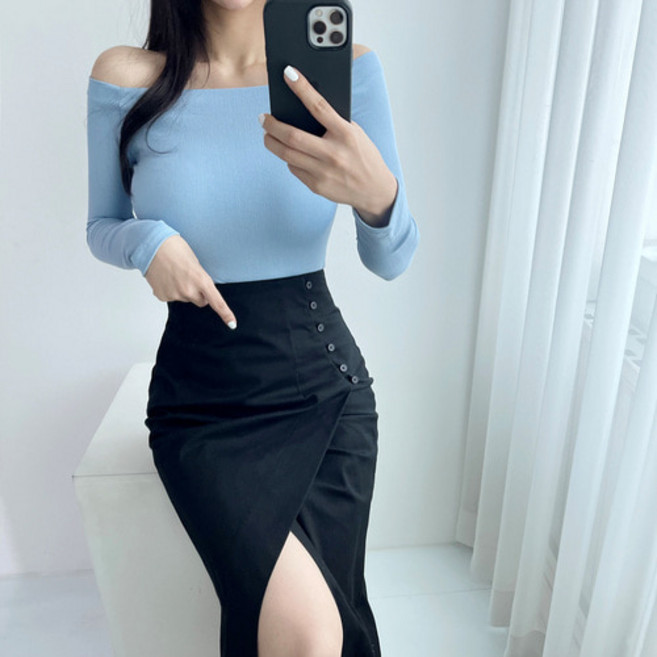 글램룩 슬림핏 긴팔 오프숄더 날씬 스판 티셔츠 3컬러