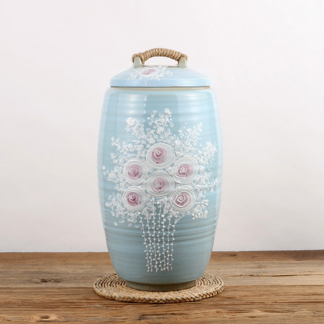 비채 하늘 장미 도자기 쌀독 20kg 쌀항아리 소금항아리