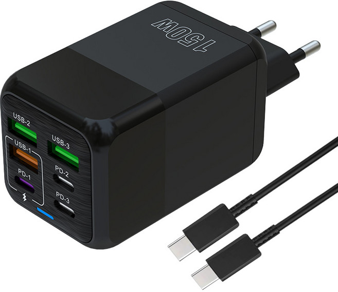 6in1 c타입 고속 충전기 150W 4USB+2PD3.0 + C TO C 1M 100w 케이블 세트, 1세트, 블랙