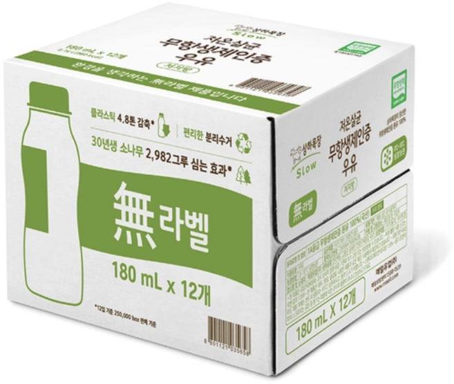 상하목장 저온 살균 무항생제 우유 180ml 코스트코 저지방 아이스박스 포장 무라벨, 2.16L