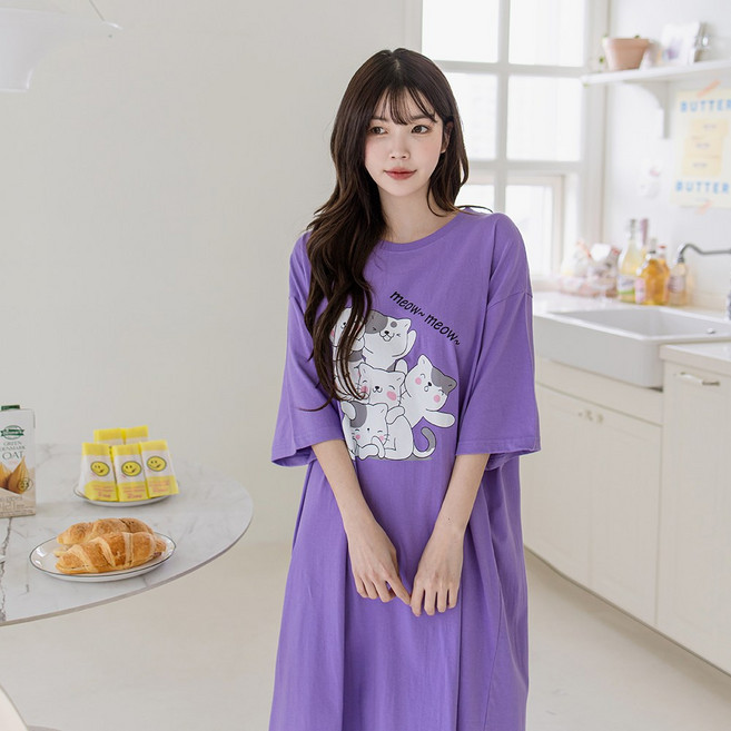 [자체제작/44~88/빅사이즈/홈웨어/잠옷] 냥이들 반팔 원피스 잠옷