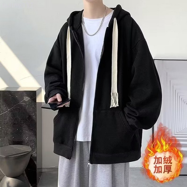 秋冬季開衫衛衣男士連帽加絨外套，日系高街潮流百搭工作服