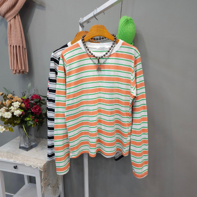 버터 여성 캐주얼 스트라이프 라운드넥 면 긴팔 티셔츠