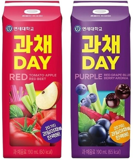 연세유업 과채데이 레드/퍼플 190ml 48팩, 유업 과채데이 레드/퍼플 190ml 48팩, 48개