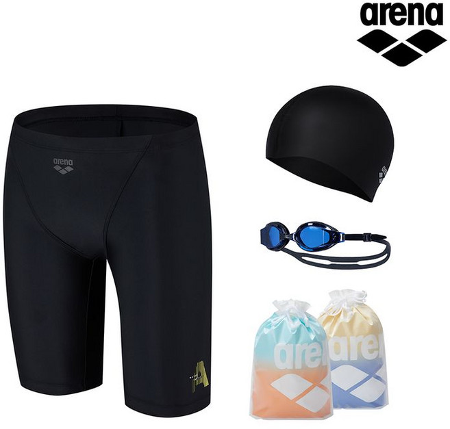아레나 패이드 4부 수영복 + 수경+수모 세트 A5BM1PM84BLK HP