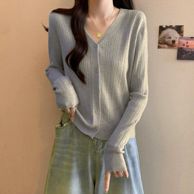 야오야오 여성용 골지 브이넥 긴소매 가디건