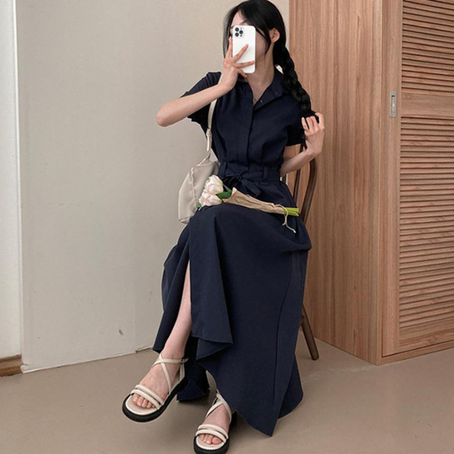 라라홀리 청순 로맨틱 허리 리본 반팔 셔츠 롱 원피스