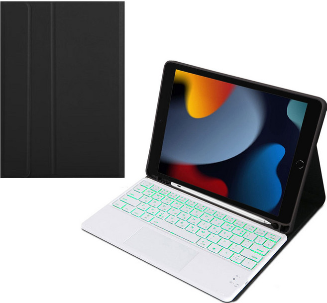 CSHINE 아이패드 애플펜슬 수납 led터치패드 트랙패드 블루투스 키보드 케이스, 검정콤비