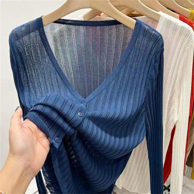 TKX 여성용 여름 얇은 니트 가디건 V넥 긴팔 슬림핏 심플 스타일 통기성 데일리 오피스룩