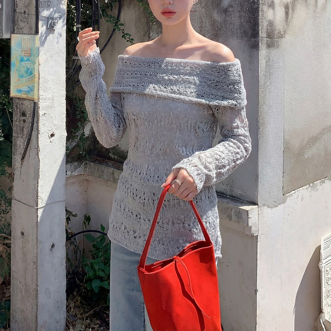 SOSISI 여성 여리핏 긴팔 니트 여름 울 혼방 오프숄더 20380