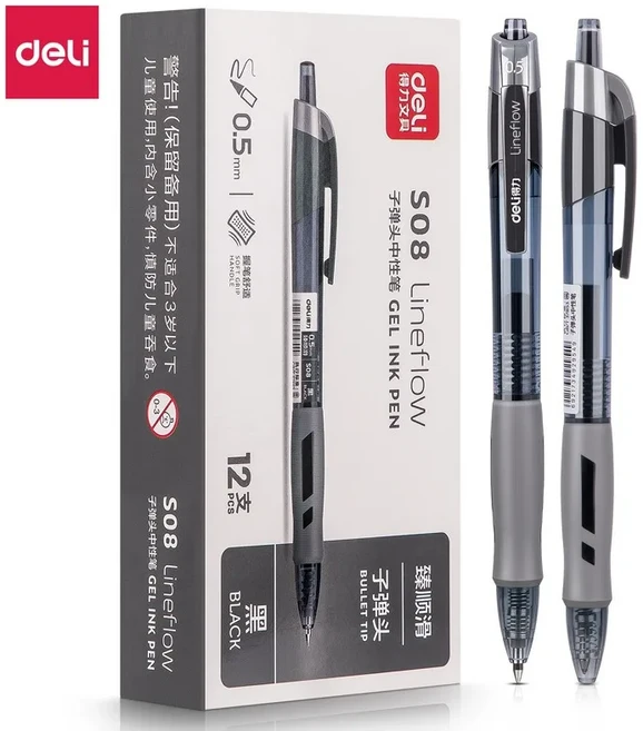 델리 볼펜 개폐식 젤 펜 블랙 블루 잉크 0.5mm 볼포인트 교체 리필 사무실 학교 용품 문구 12 개 세트, 03 12Pcs black pen