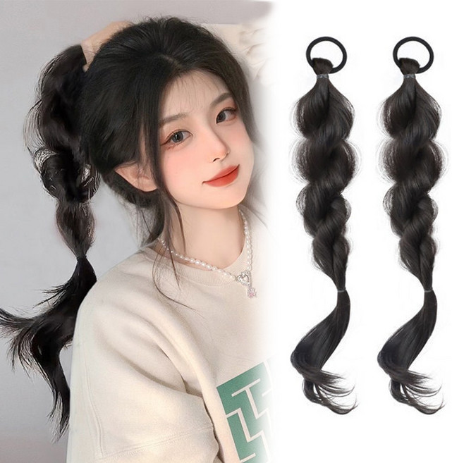 하이유니 버블 땋은 벼머리 트윈테일 가발 45cm, 네츄럴블랙, 2개