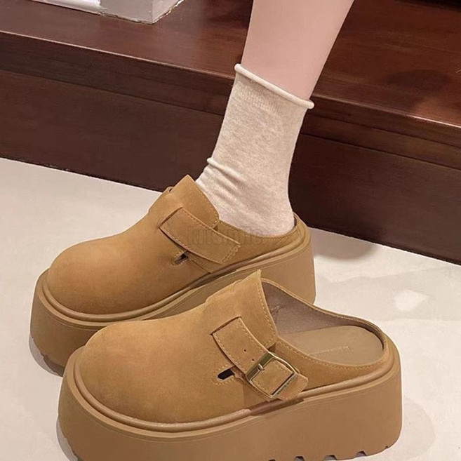 Krismile 여성 키높이 슬리퍼 8cm 통굽 사무실 슬리퍼 심플 빈티지 스웨이드 샌들 X2603M14