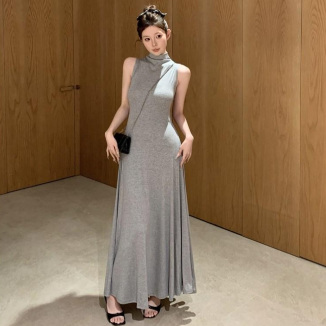 여성 봄신상 여름 슬림핏 민소매 반목 나시 롱원피스