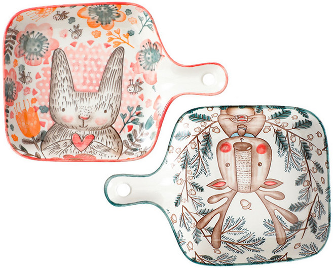 도자기 접시 손잡이 플레이팅 오븐 그릇 홈 식기 파스타볼 세트, C+D, 1개, 귀여운 동물