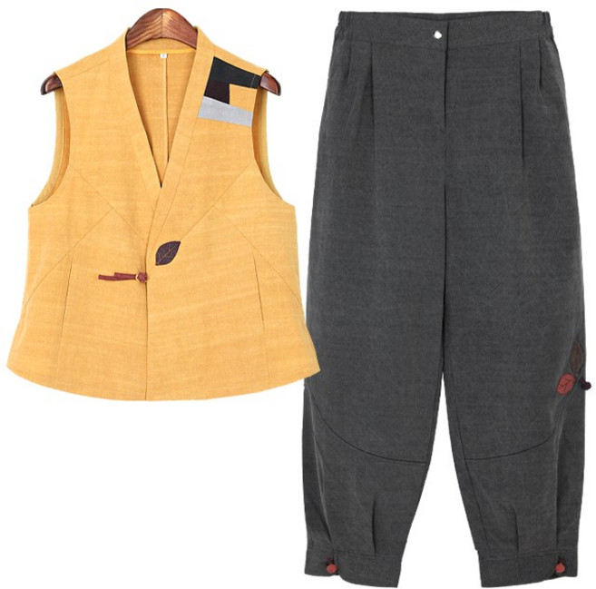 나뭇잎 면 슬라브 조끼 바지 한벌