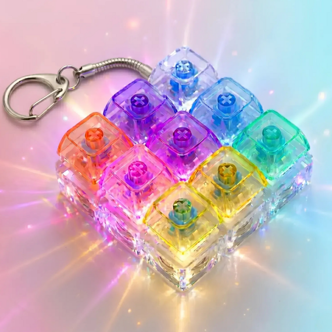 부럽다드 LED 키캡 키보드 키링 딸깍이 백팩 가방고리, 1개, 레인보우 9구