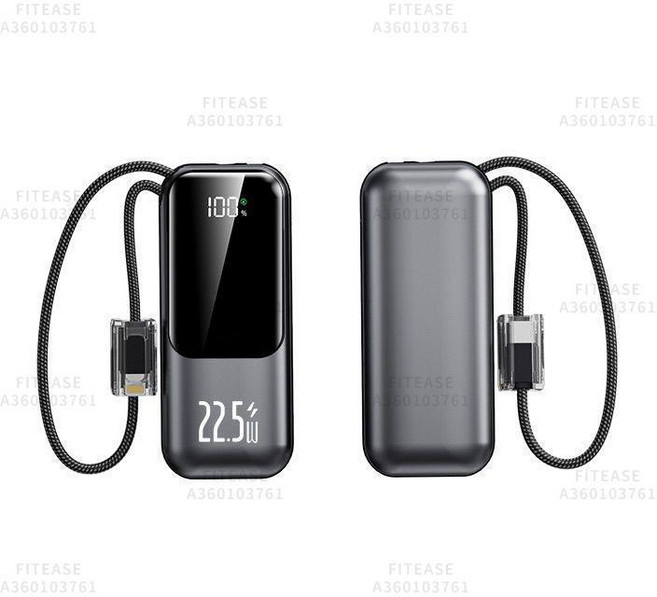 自帶線行動電源 10000mAh PD雙向快充 3C認證行動電源 大容量行動充 行充自帶線 移動電源, 枪灰色自带双线-真實容量10000mah