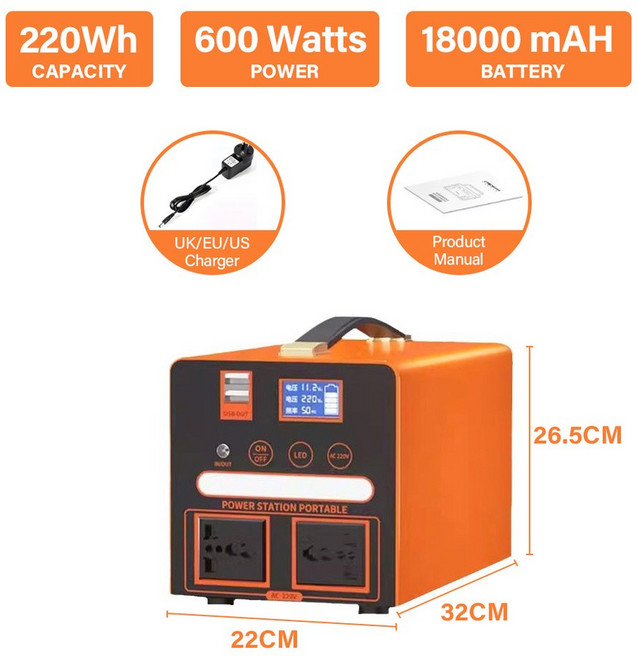 휴대용 파워스테이션 300/600/800/1000/1500/2500W 발전기 에너지 저장 파워뱅크 캠핑 여행 RV 가정용, 01 600W, 01 220V용, 01 영국