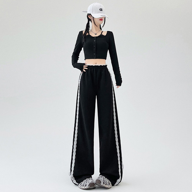 자칠 여성 레이스 장식 와이드 스포츠 팬츠 봄 여름 시즌 스타일리시하고 다양한 코디 가능한 루즈핏 롱 팬츠