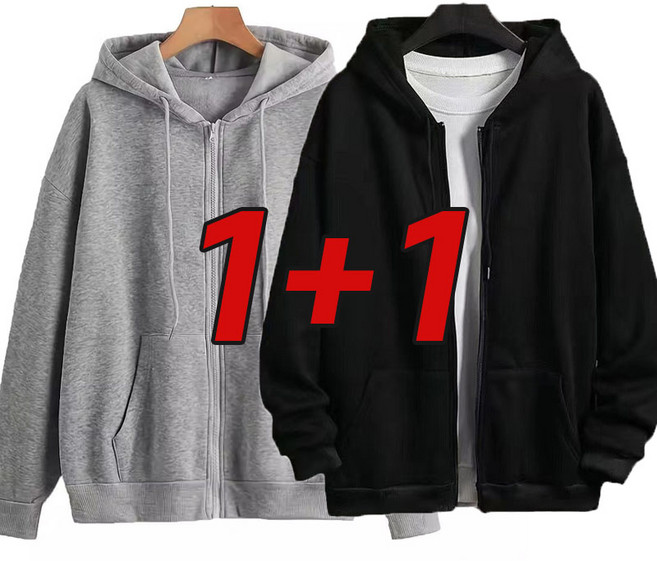 1+1 남자 심플 긴팔 후드티 맨투맨 오버핏 무지 후드집업 빅사이즈 트레이닝복 기모 두꺼운 데일리 캐주얼 상의 루즈핏 학생 아우터 상의