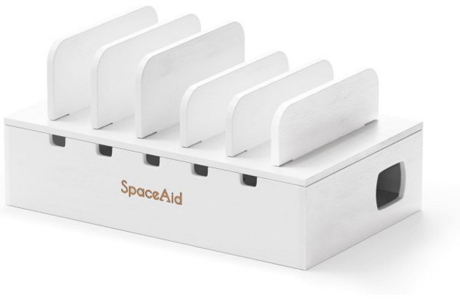 SpaceAid 도킹스테이션 범용 노트북 태블릿 리더기 대나무 충전 스테이션 여러 장치용 휴대폰 도킹 멀티 노트북용 아이패드용 침대 옆 책상 장치 충전기 정리기 내추럴, Medium, White, 1개