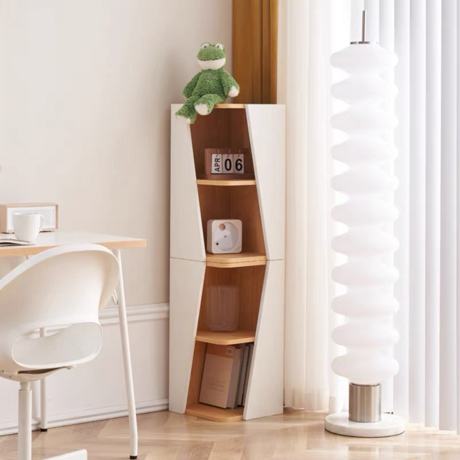코너 책장 코너형 다용도 수납 선반 침실 정리용 책장 책꽃이 층수 가능, 4단, 화이트-오크