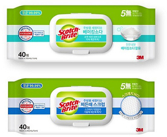 3M 스카치브라이트 주방용 세정티슈 40매입(베이킹소다/찌든때스크럽)/075592/075585/향균 물티슈, 1개