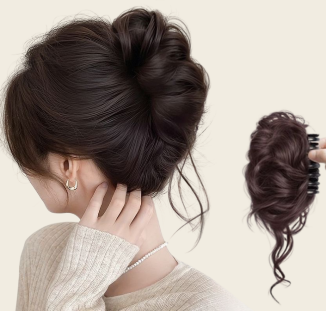 나이니크 여성 풍성한 웨이브 똥머리 가발 집게핀 내추럴 로우번 올림머리, 1개, 다크브라운