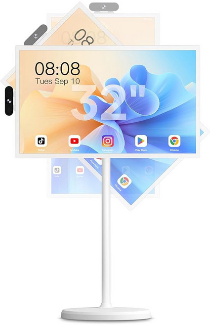 Cozyla Mate 32인치 모바일 휴대용 TV 스탠드 온 휠 지원 Google 스토어 풀 회전 터치스크린 모니터 내장 배터리 스마트 롤링 태블릿 4K 카메라 리모컨 화이트, White