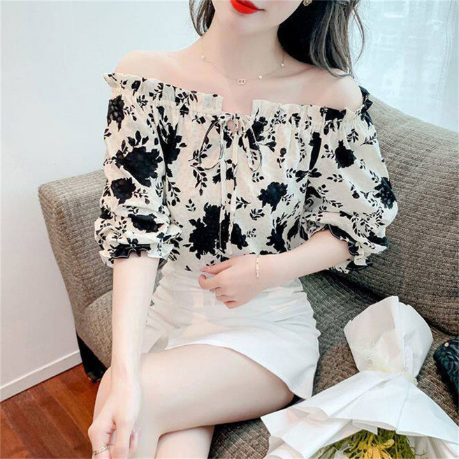 여성 반팔 오프숄더 블라우스 크롭 밴딩 셔츠 퍼프 여름 리본 셔링 AB82