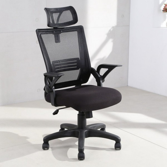 LOGIS 透氣網布電腦椅 辦公椅 人體工學 旋轉椅 簡約 會議椅 家用 護脊椎 升降椅 扶手椅, 黑-頭枕款塑膠腳(可後仰)