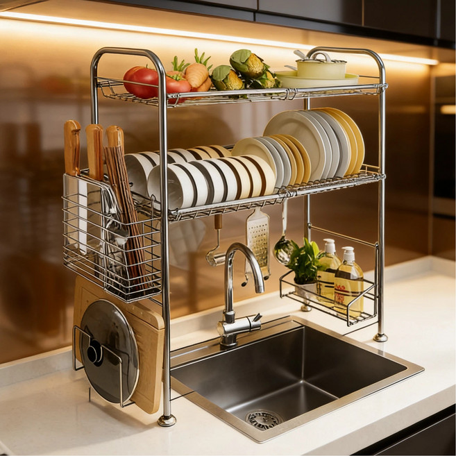 심플에이치 올스텐 식기건조대 녹슬지않는 주방 싱크대선반 자동배수 설거지정리대 올인원, 1개, 60cm, 2단