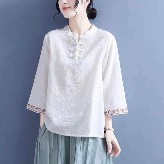 棉麻提花刺繡喇叭袖襯衫女 中國風復古盤扣立領短上衣