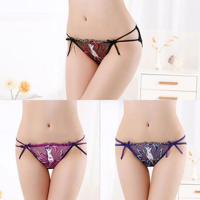 刺繡蕾絲內褲 網紗低腰三角褲, 295黑色+紫色+藍色,295L中