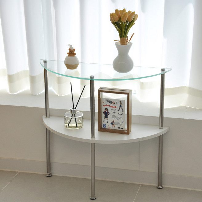 리빙위즈 인테리어 루나 유리 반달형 거실 2단 선반 콘솔