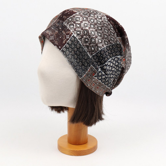 비토스 국내제작 패치워크 프린팅 두건 비니 중년 여자 실내 모자 항암모자