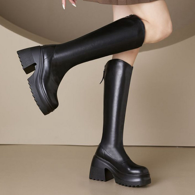 FANSYLI 키높이 롱부츠 여성 봄가을 통굽 부츠 패션 심플 지퍼 라이더부츠 겨울 기모 방한 워커 X2509S3