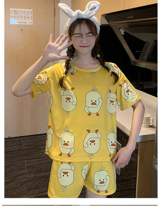 여성 여름 잠옷세트 귀여운 오리캐릭터 반팔 반바지 원피스 2종세트