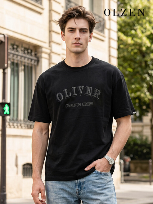 올젠 남녀공용 올리버 캠퍼스 그래픽 반팔 티셔츠 (ZMD2TR1901_A)