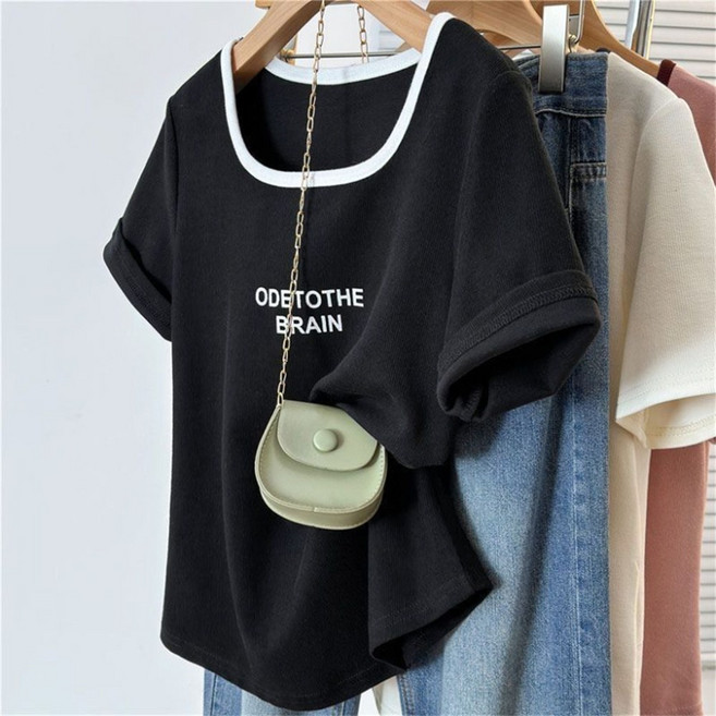 VEZRI 여성 여름 정깃단 반팔 티셔츠 유넥 레터 프린트 빅사이즈 슬리밍 상의 F88